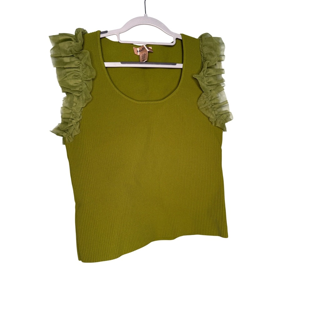 Bailey 44 Ribbed Knit Crop with Tulle Ruffle‎ Sleeves in forest green